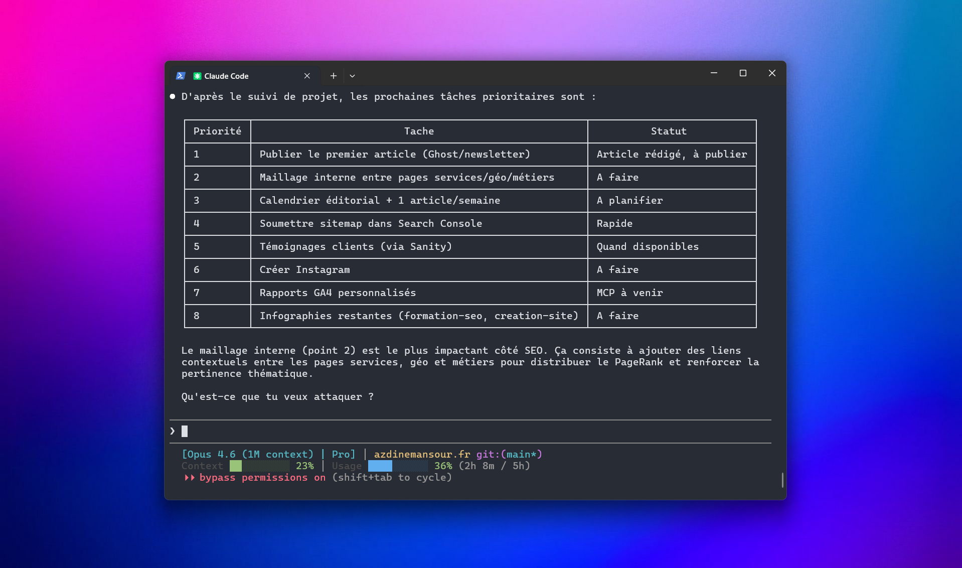 Interface Claude Code dans le terminal avec accès aux fichiers du projet
